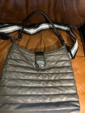 THINK ROYLN Quilted Metallic Gray Shoulder Bag with Black Trim and Striped Strap
